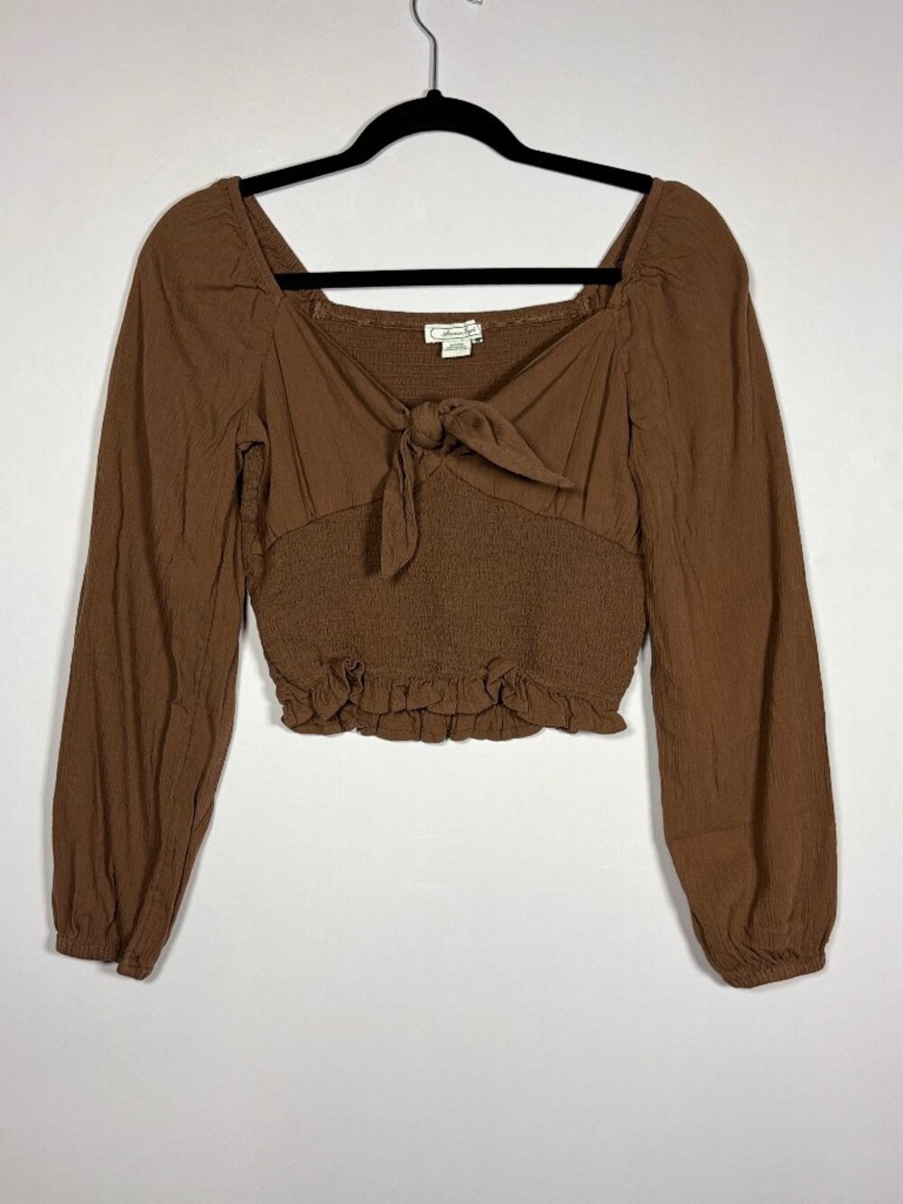 American Eagle Outfitters Brown Smocked Tie-Front Crop Top